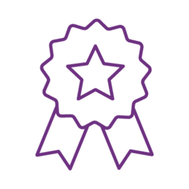 Purple neon outline of an award ribbon with a star in the center.