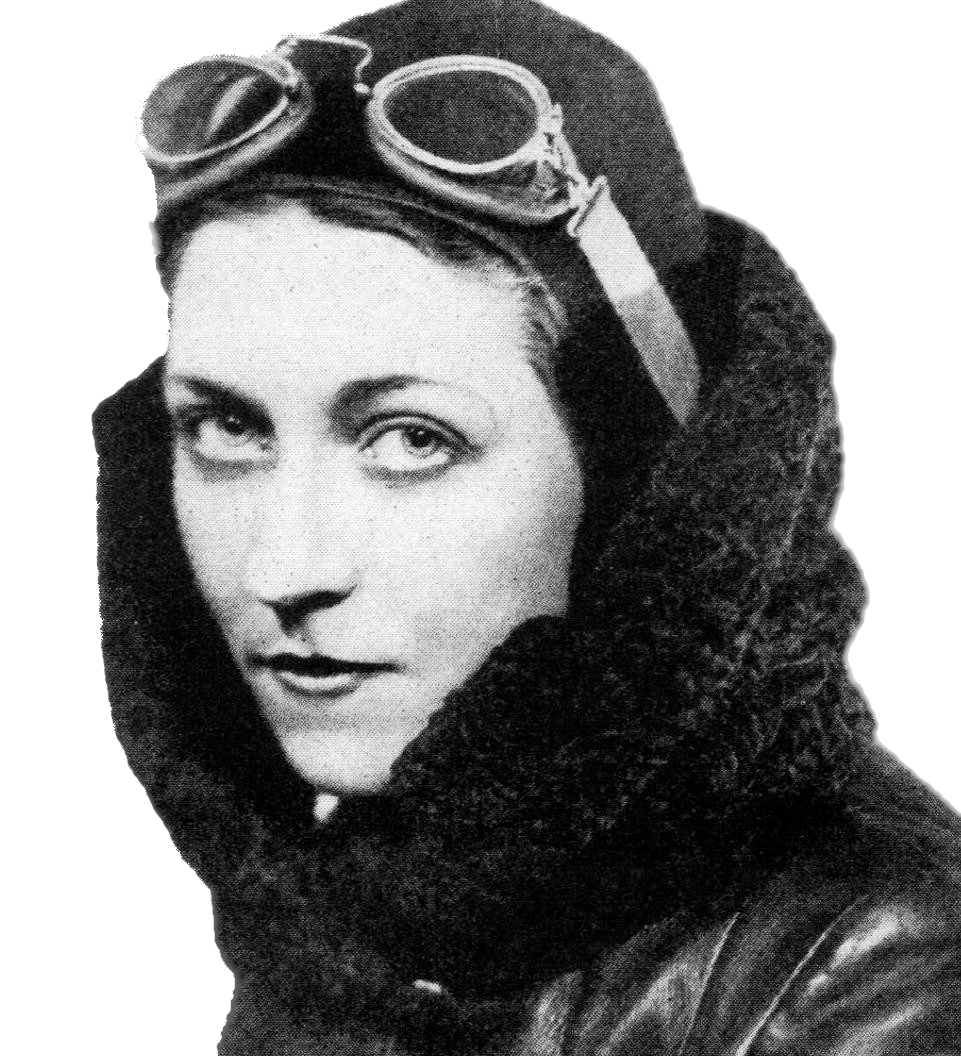 Black and white photo of a woman wearing vintage pilot goggles on her head, a dark scarf wrapped around her neck, and a leather jacket.