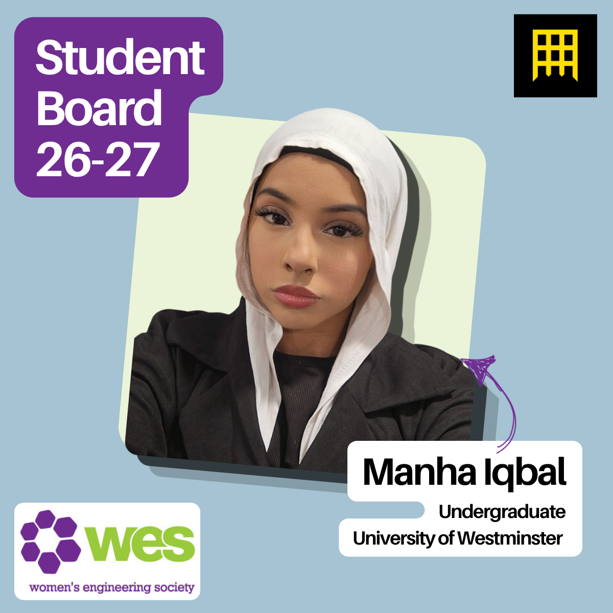 Woman in white head scarf with title of student board