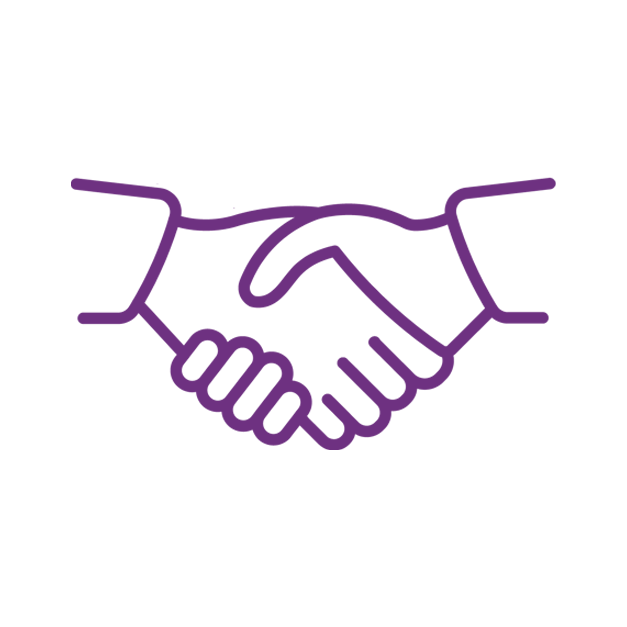 Line drawing of two hands shaking, outlined in purple on a black background.