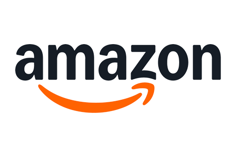 Amazon logo with black text and orange arrow underneath.