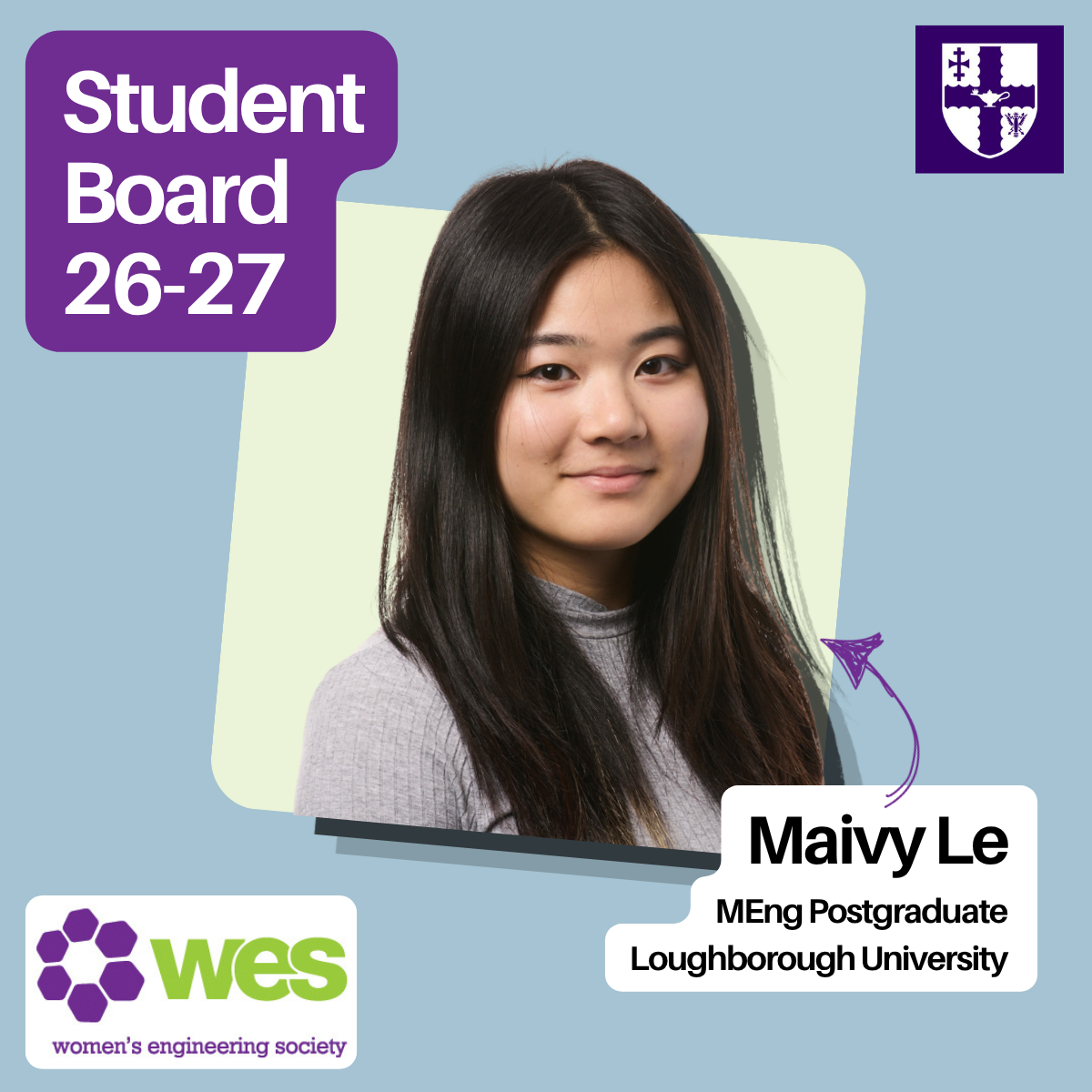 woman with dark hair smiling and title saying student board