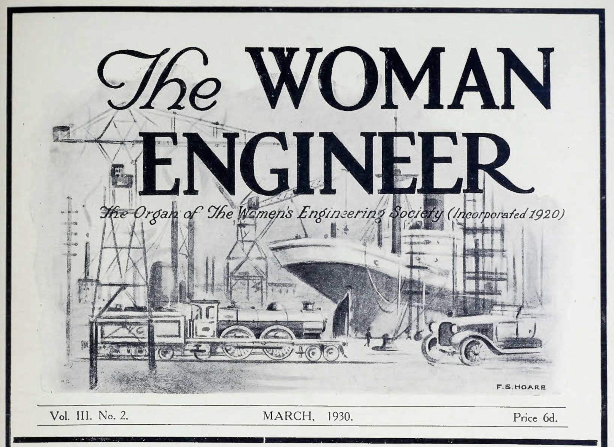 Cover page of a publication titled 'The Woman Engineer' with a sketch of an industrial engineering scene in the background, including power lines, a train, and machinery, dated March 1930, volume III, number 2.