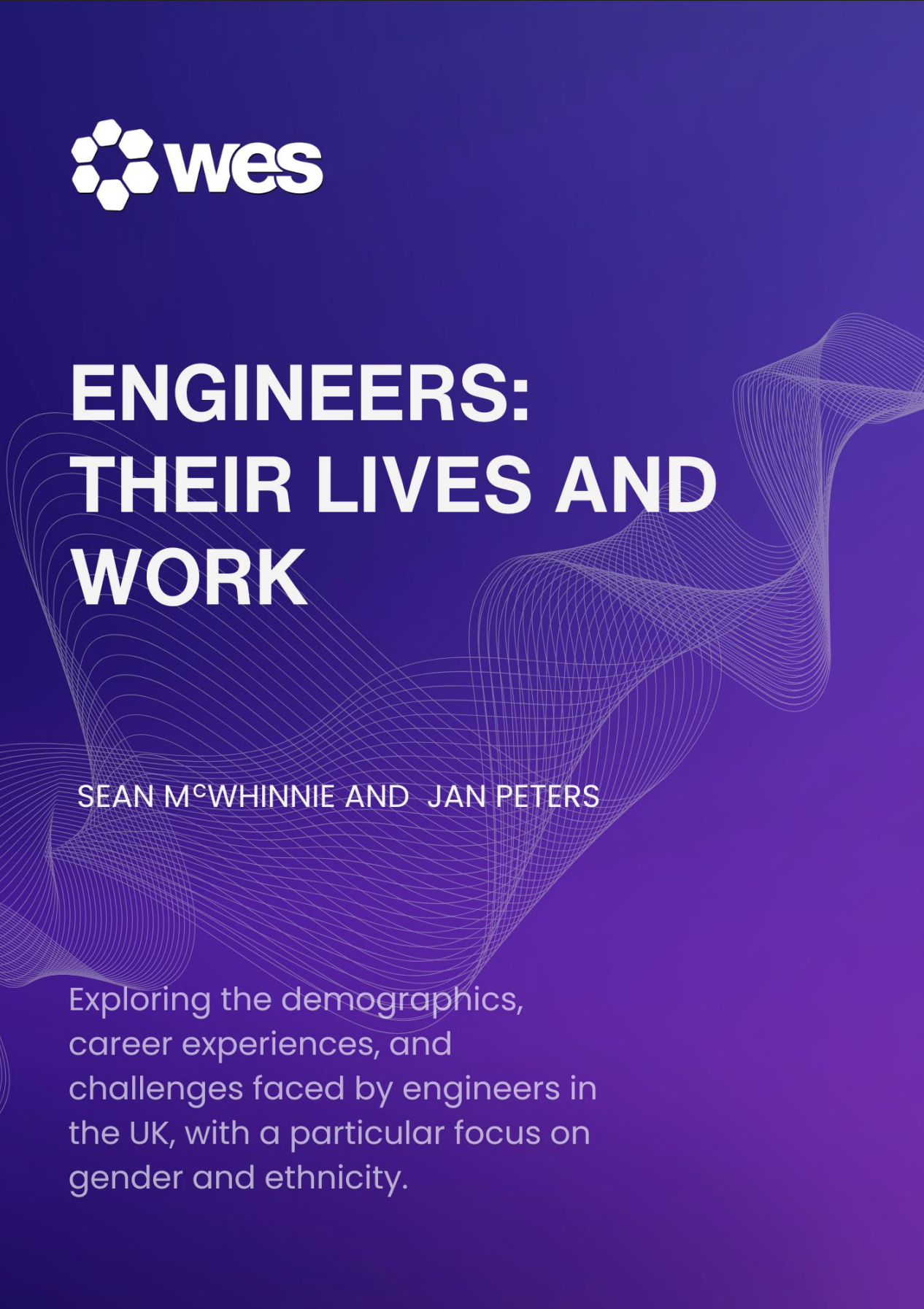 Cover of a publication titled "Engineers: Their Lives and Work" by Sean McWhinnie and Jan Peters, with a dark purple background and abstract line design.