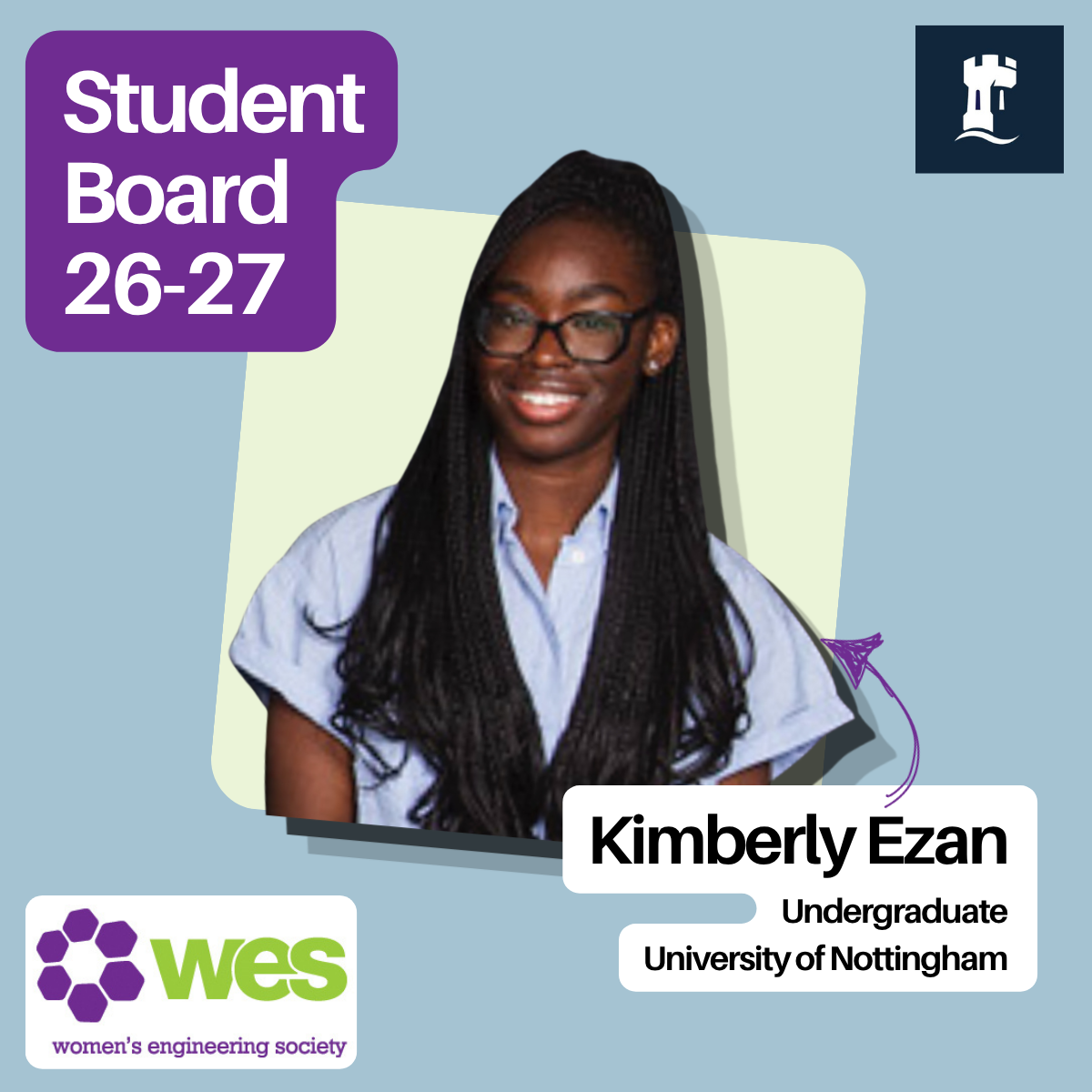Woman in a blue shirt with long hair and a sign saying student board