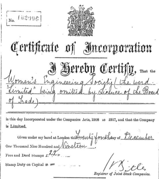 A black and white image of a certificate of incorporation for Women's Engineering Society, limited, issued in London on December 20, 1919, with handwritten details and a coat of arms at the top.