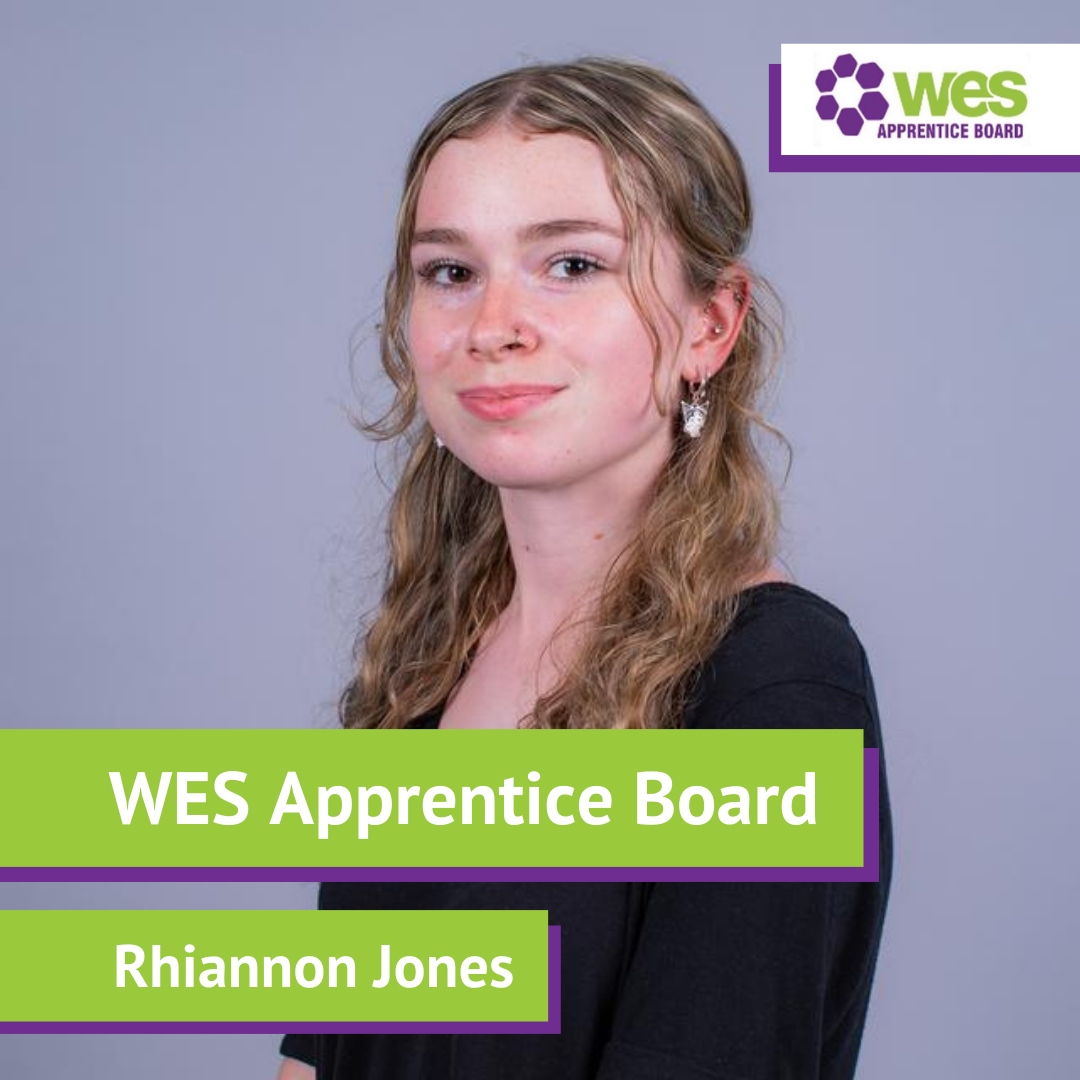 Portrait of Rhiannon Jones in front of a plain gray background, wearing a black top and earrings, with the WES Apprentice Board logo in the top right corner and her name displayed at the bottom.