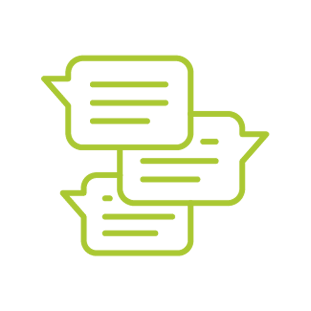 Three overlapping green speech bubbles with horizontal lines inside for text, on a black background.