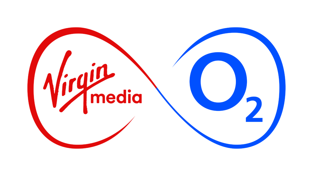 Logo combining Virgin Media's stylized text in red with the infinity symbol in black, and a blue 'O2' logo, representing a collaboration or partnership.