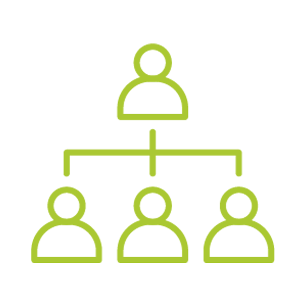 Hierarchy chart showing one person at the top connected to three people below.