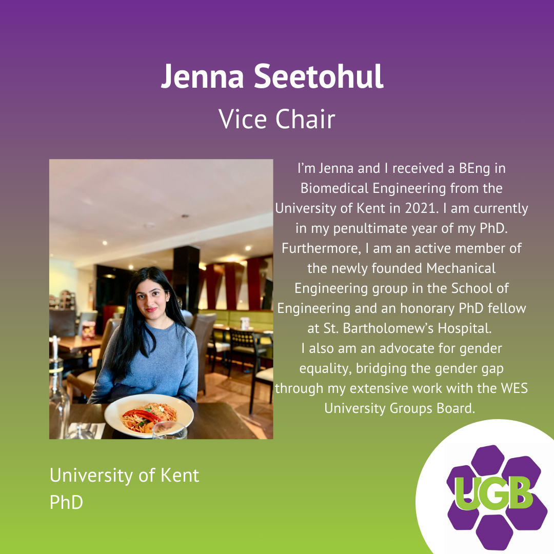 Profile of Jenna Seethul, Vice Chair, with a photo of her sitting at a table with a plate of food in a restaurant. The background has a gradient purple to green design with text about her academic background and activism at the University of Kent.