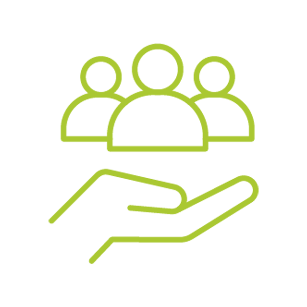 Icon of a hand holding a group of three people, representing community or support.