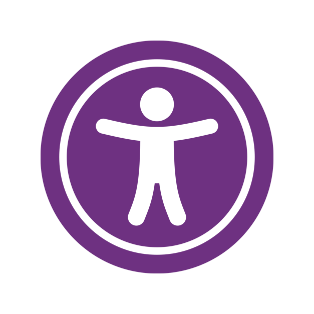 A circular symbol with a black human figure with arms outstretched inside a purple background.