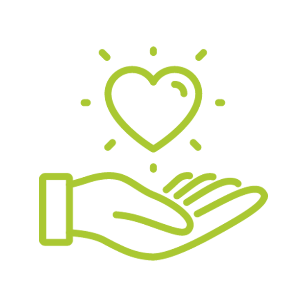 Green outline drawing of a hand holding a glowing heart with rays around it.