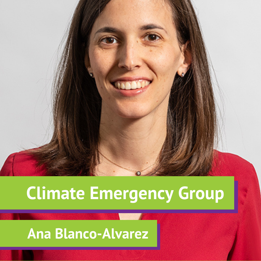 A woman with brown hair and a red blazer smiling, with text overlay that reads 'Climate Emergency Group Ana Blanco-Alvarez' in green and white.