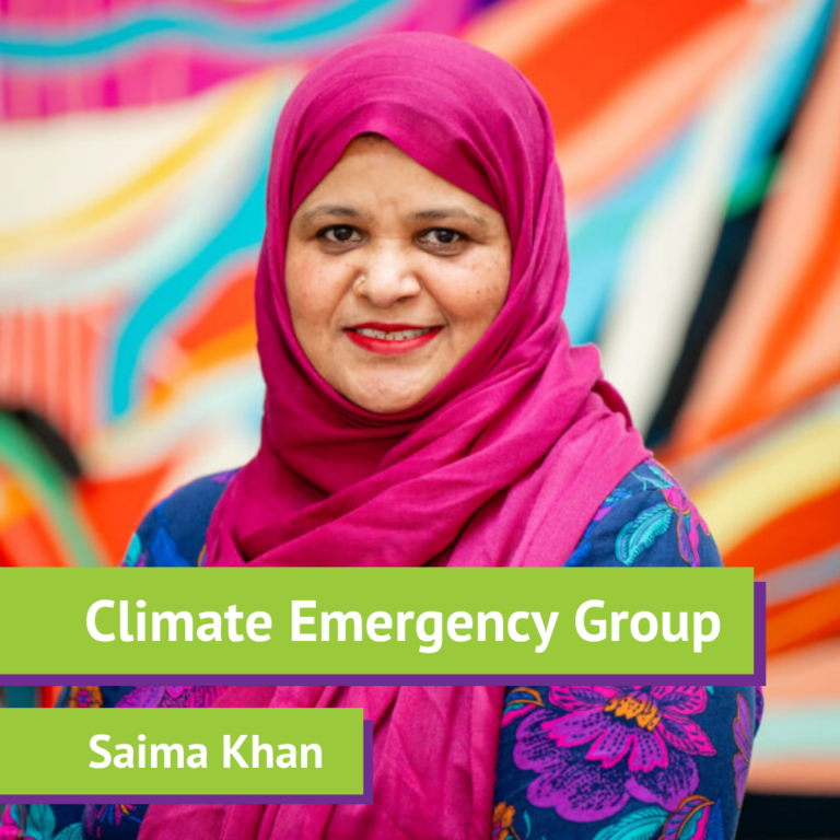 Woman wearing a pink hijab and a colorful floral shirt, standing against a vibrant, abstract background, labeled as Climate Emergency Group, Saima Khan.