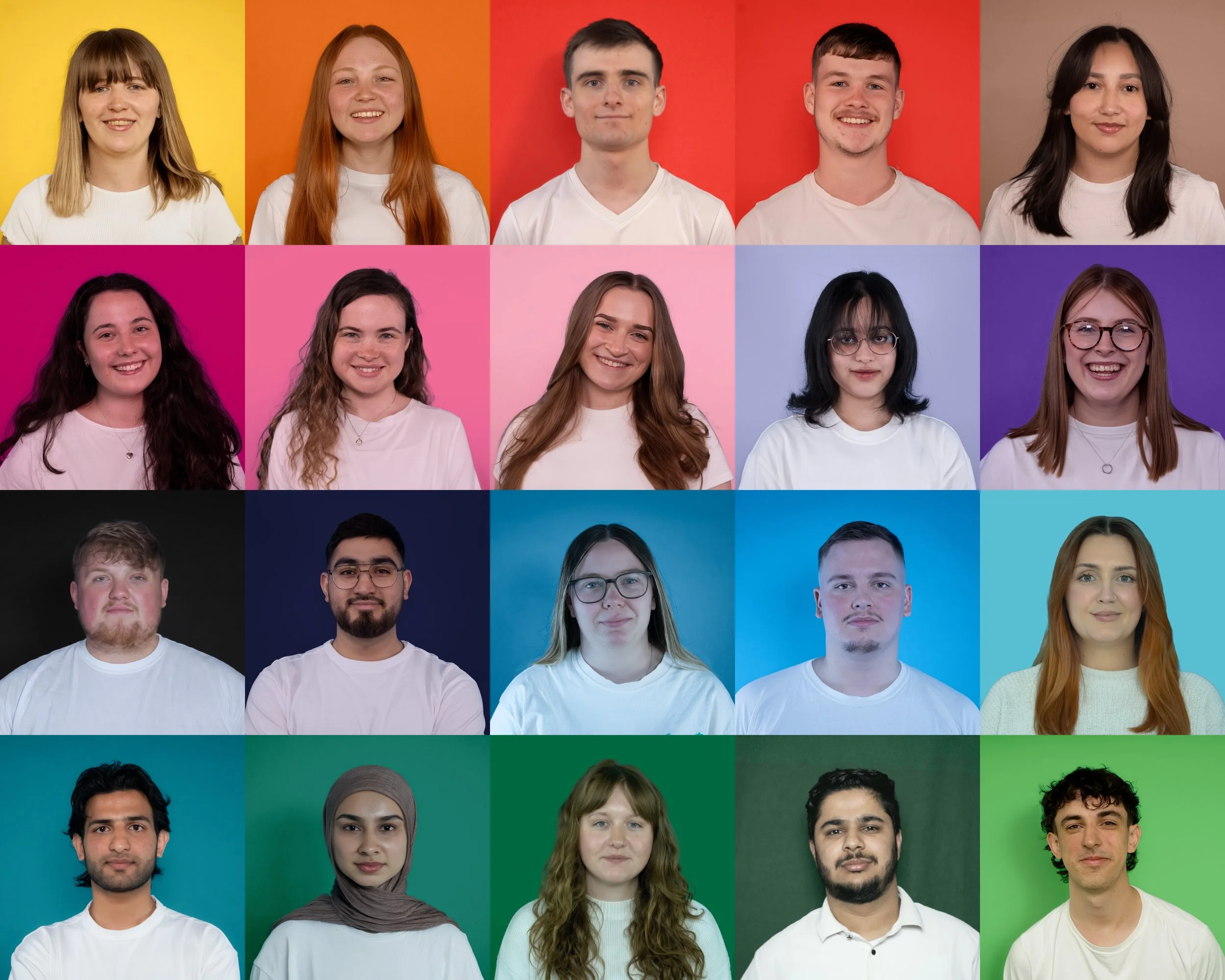 Group of diverse young adults and teenagers posing for a photo in front of colorful backgrounds, arranged in a collage format.
