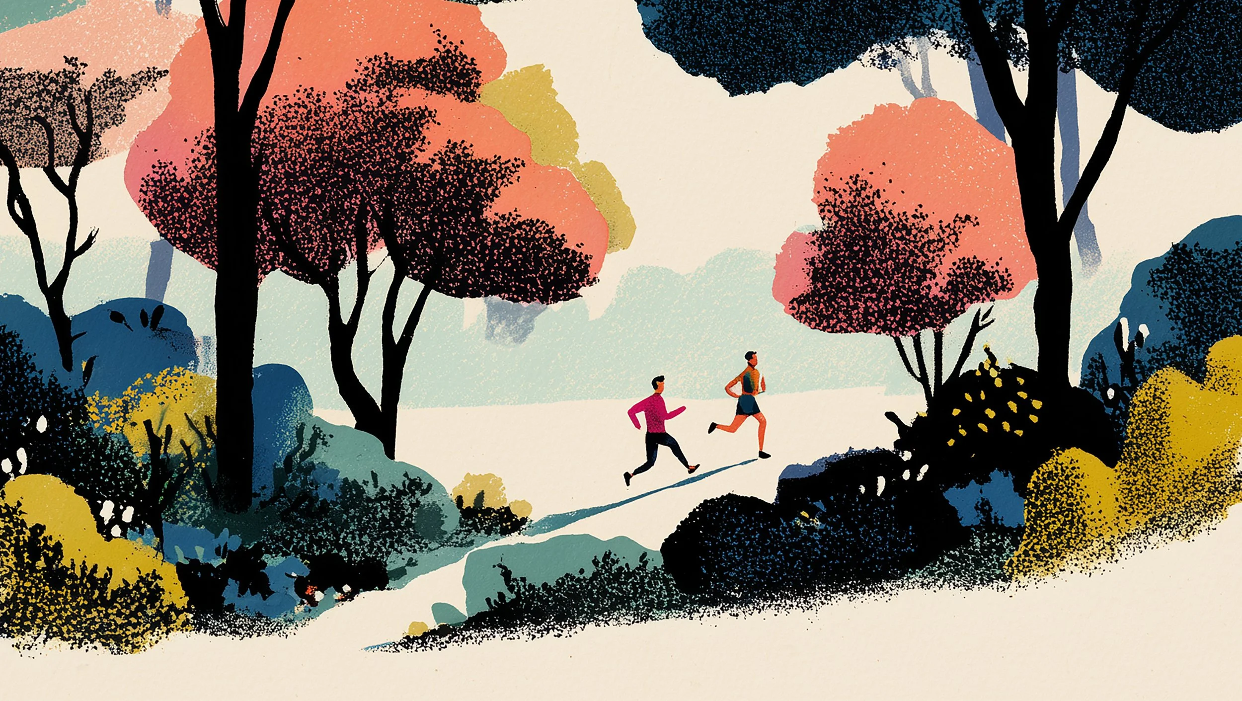 Colorful illustration of a forest scene with trees in pink, yellow, blue, and black, and two people jogging along a path.
