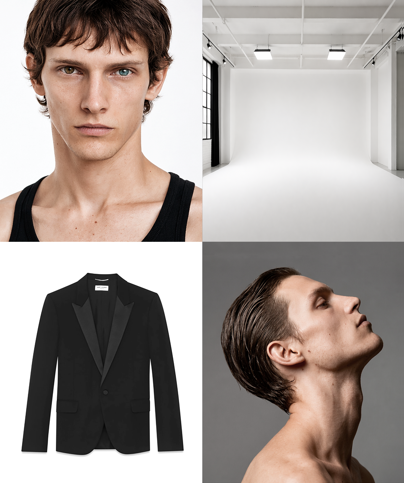 A collage of fashion photography and a photo studio: top left shows a close-up of a young man with brown hair wearing a black tank top, top right shows a white photography studio with large windows and ceiling lights, bottom left shows a black tuxedo jacket, bottom right shows a profile of a man with wet slicked-back hair and a muscular neck, against a grey background.