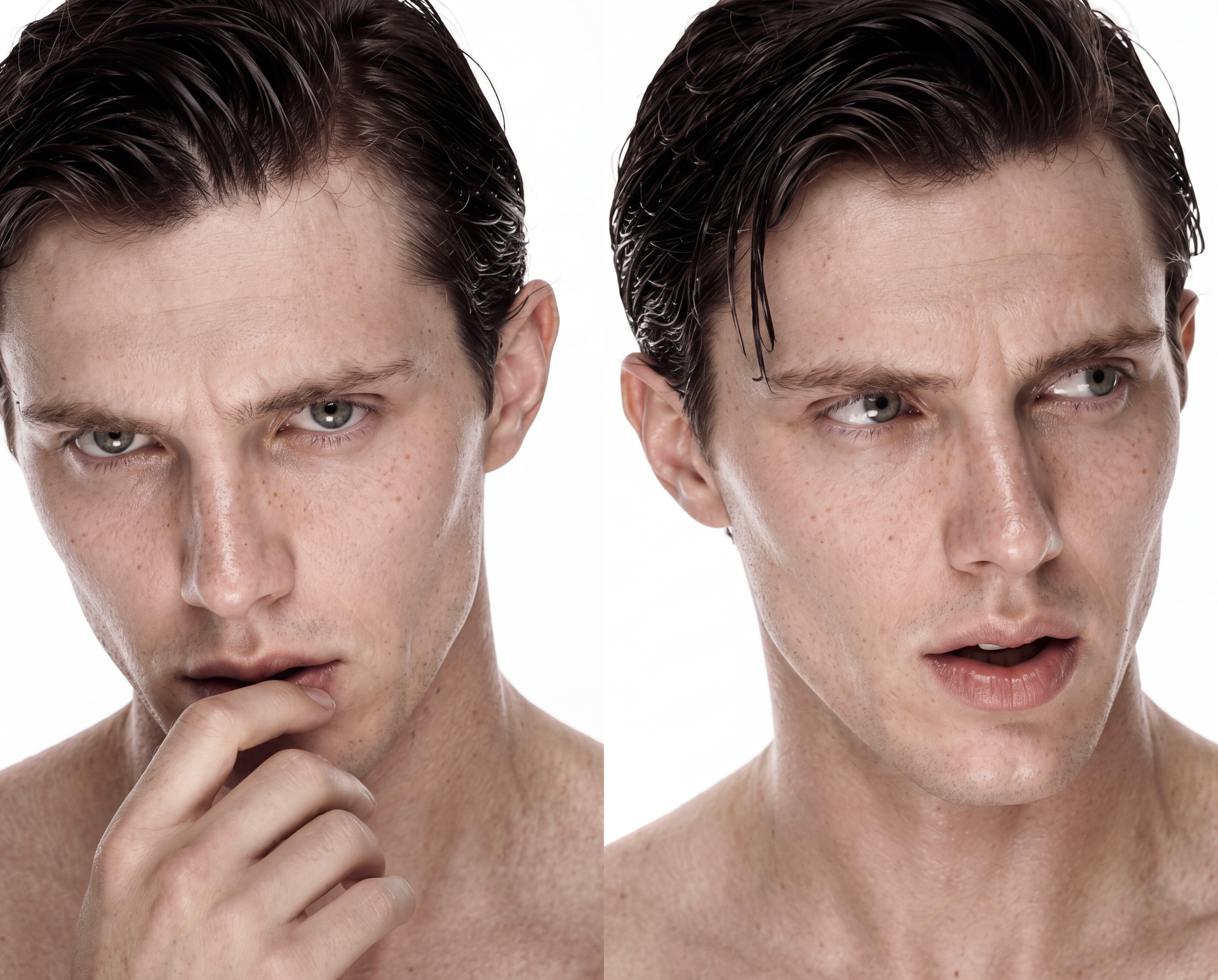 Close-up of a young man with light skin, dark wet hair, blue eyes, freckles, and no shirt, showing two different expressions on each side of his face, against a plain white background.