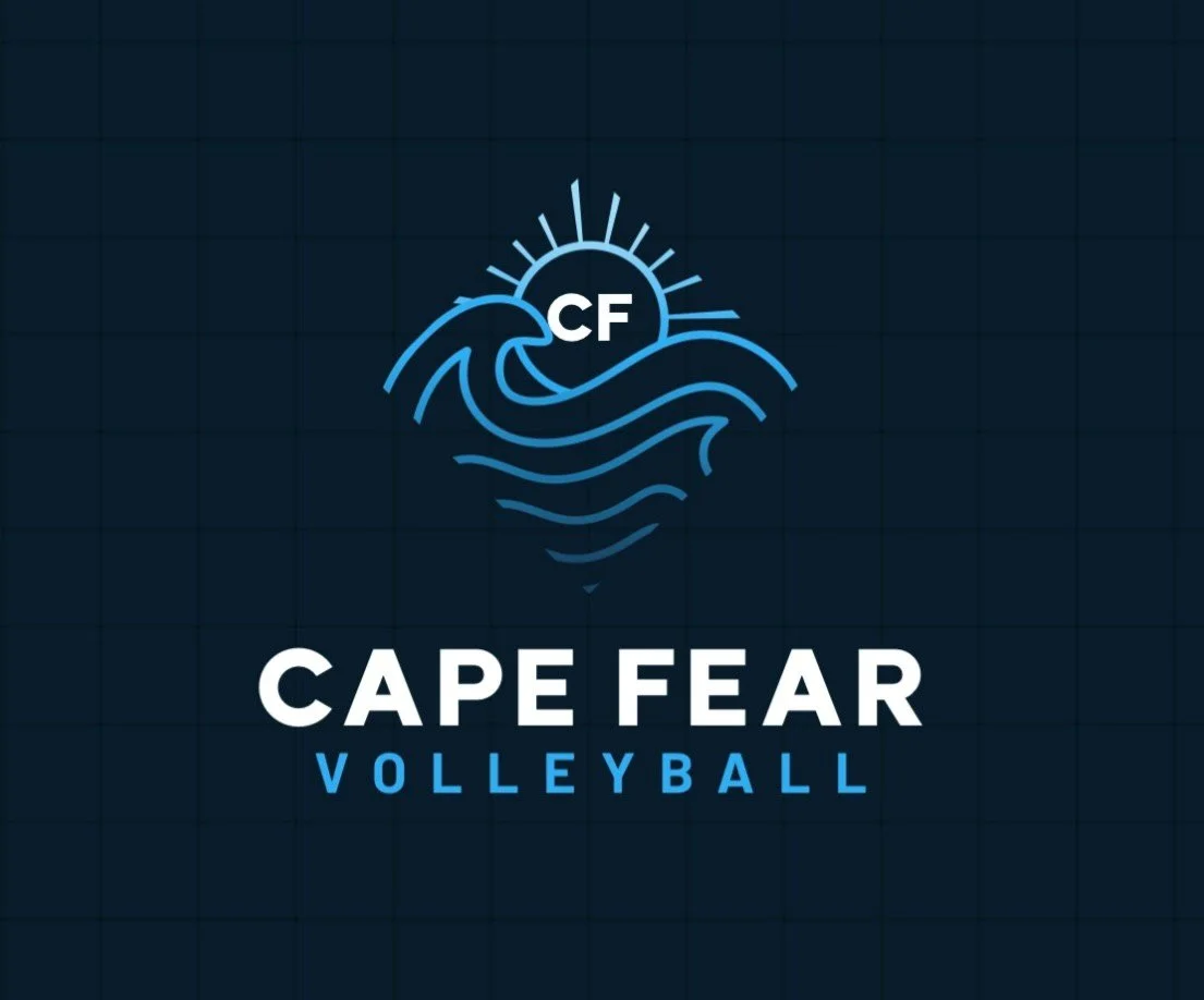 Logo of Cape Fear Volleyball featuring a stylized wave and the sun with the letters 'CF' in the sun, on a dark background.