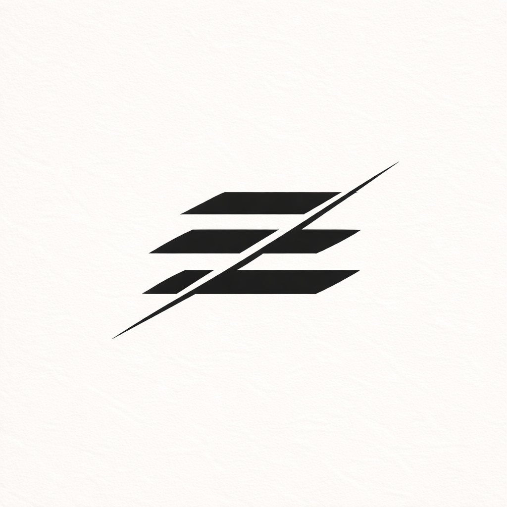 Black and white abstract geometric logo with three horizontal shapes and a diagonal line crossing through.