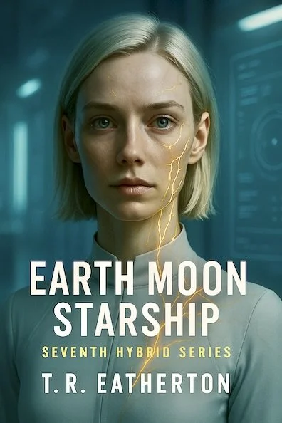 Cover of the book 'Earth Moon Starship' by T. R. Earthton, featuring a serious woman with blonde hair and a lightning bolt on her face, set in a high-tech environment.