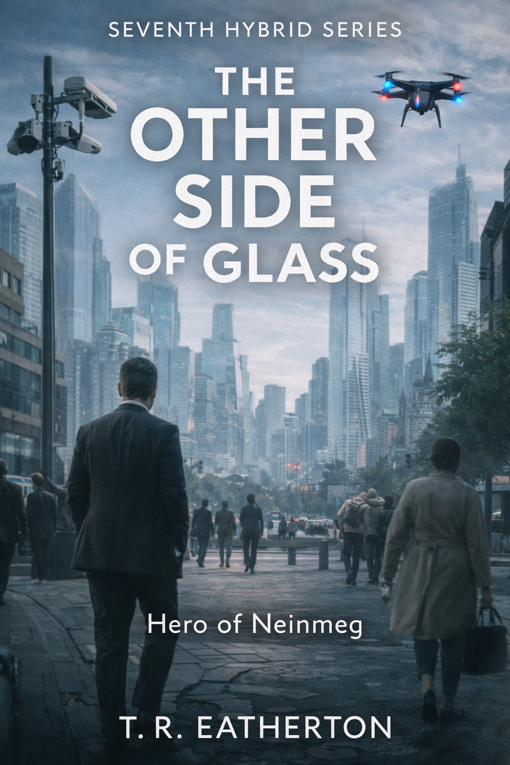 Book cover titled "The Other Side of Glass", part of the Seventh Hybrid Series by T. R. Eatherton. The cover shows a city street with people walking, skyscrapers in the background, a surveillance camera on a pole, and a drone flying in the sky.