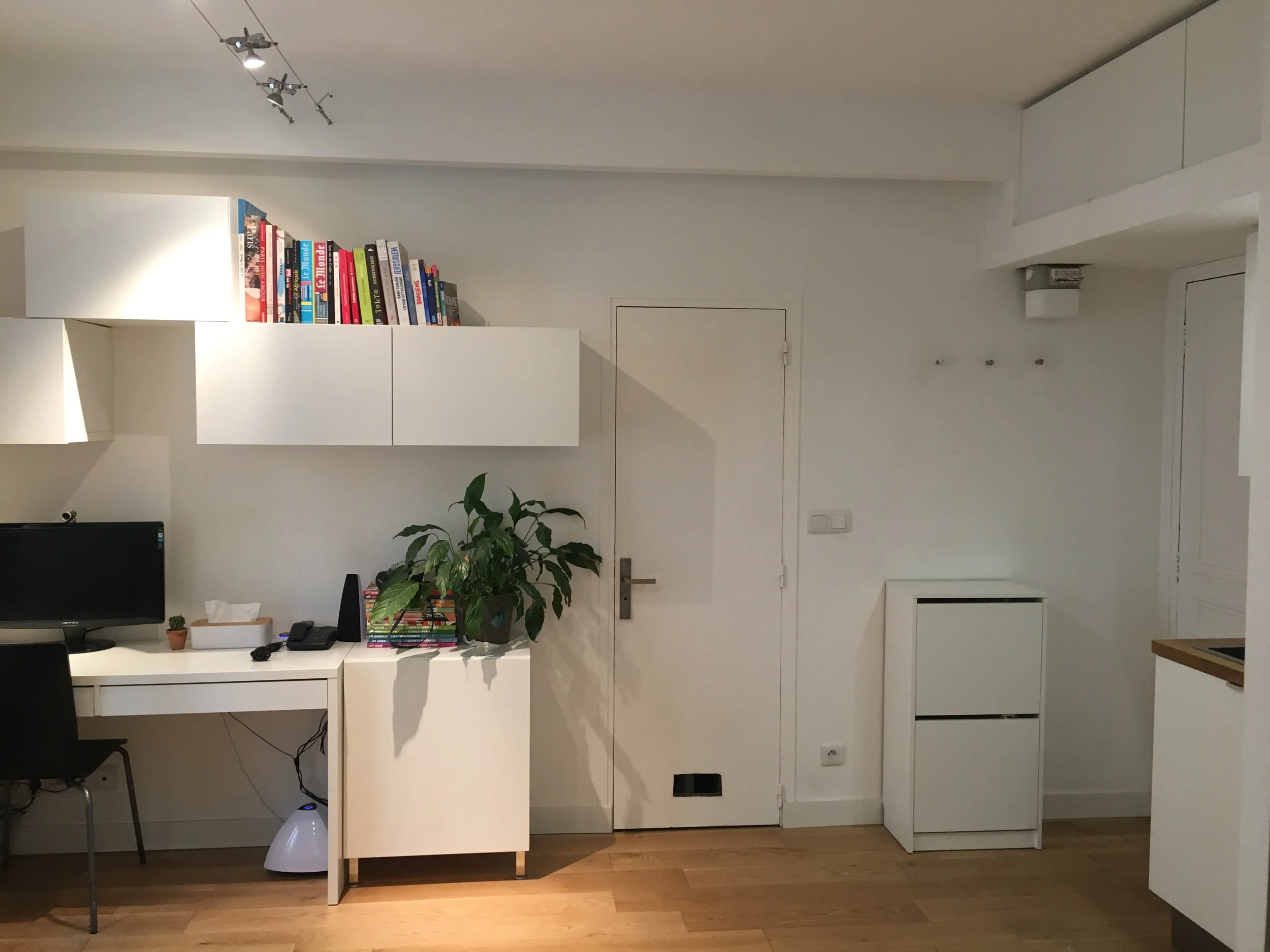 Un coin de pièce avec un bureau blanc, un ordinateur, une plante verte, des étagères avec des livres, un sol en bois, et des éléments de décoration blanc.