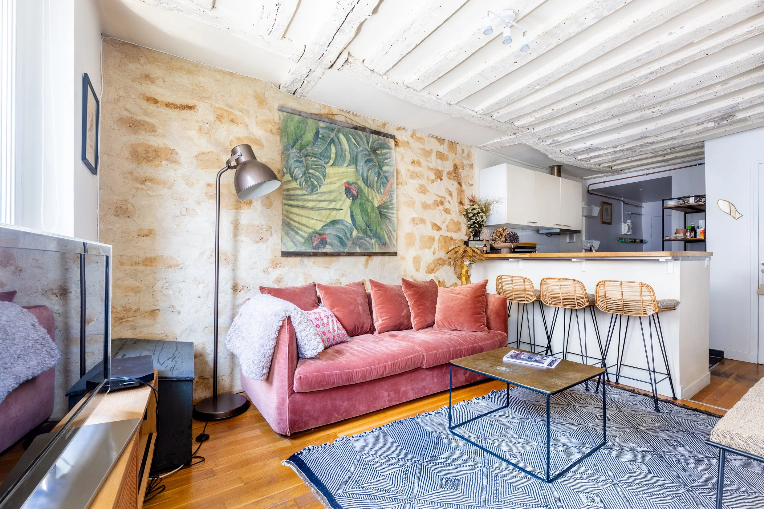 Salon avec canapé en velours rose, tableau de forêt tropicale avec perroquets, lampe de lecture en métal, tapis géométrique, bar avec chaises en rotin, cuisine en arrière-plan