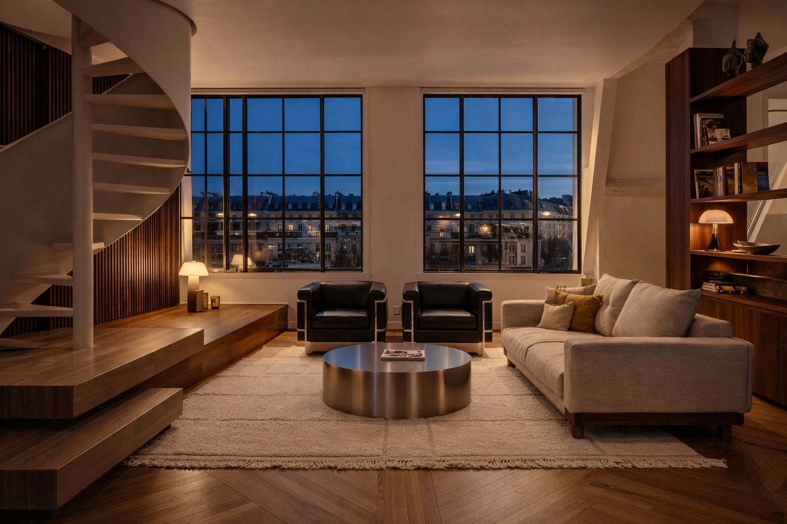 Salon moderne avec canapé beige, deux fauteuils noirs, table basse ronde, étagère en bois, grands fenêtres avec vue sur la ville en soirée.