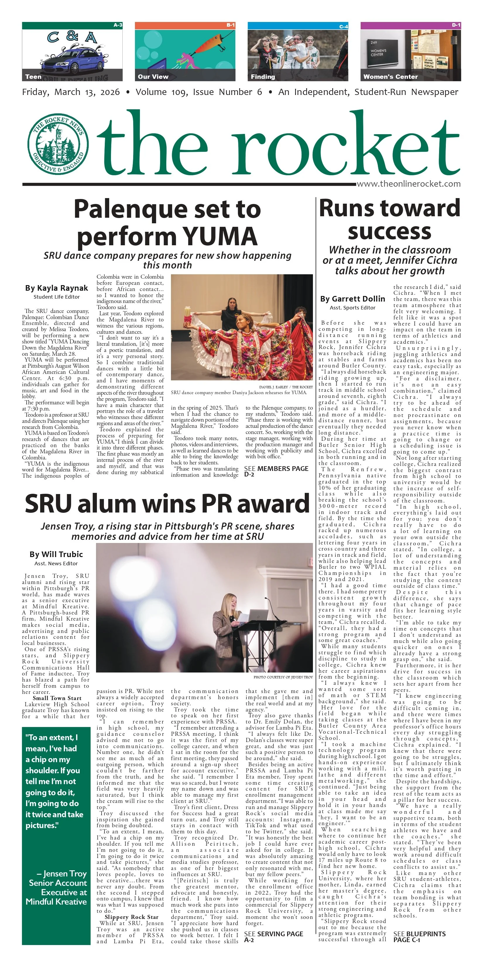 The front page of The Rocket Newspaper, dated Friday, March 13, 2026.