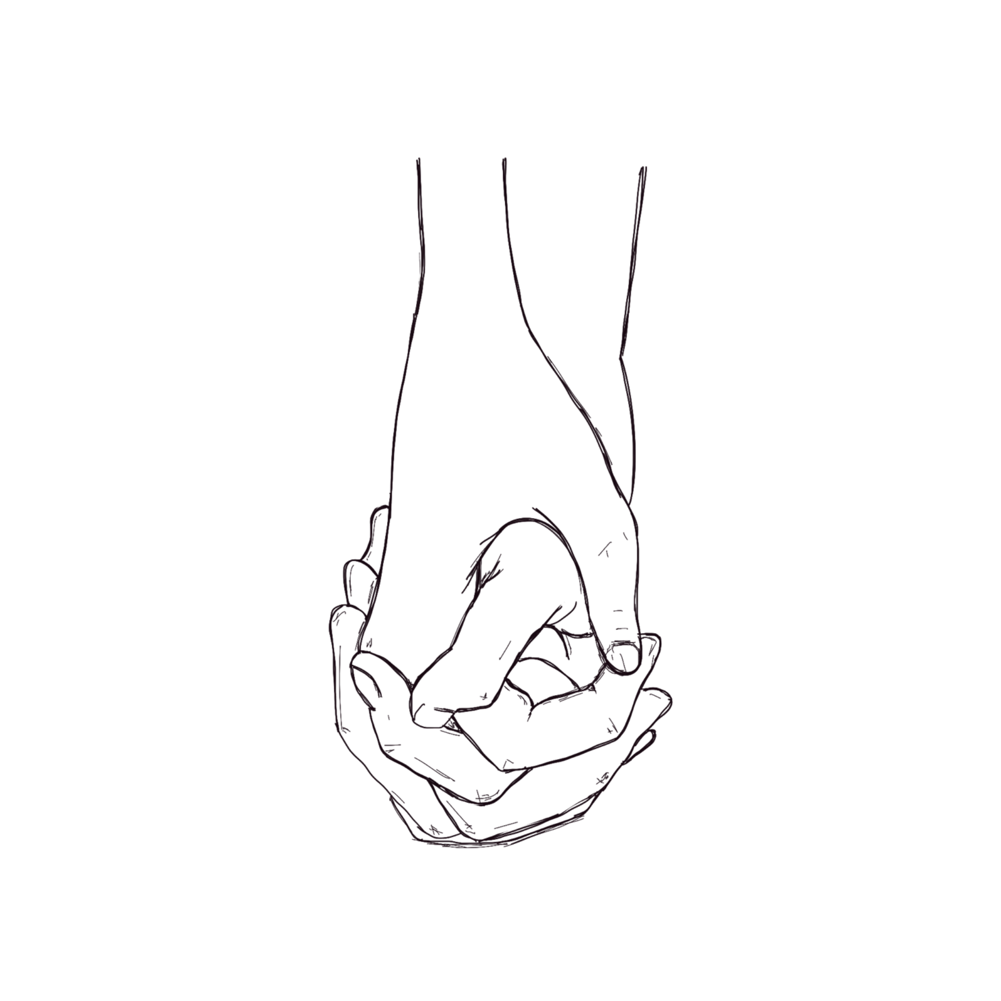 A line drawing illustration of two hands interlocked together.