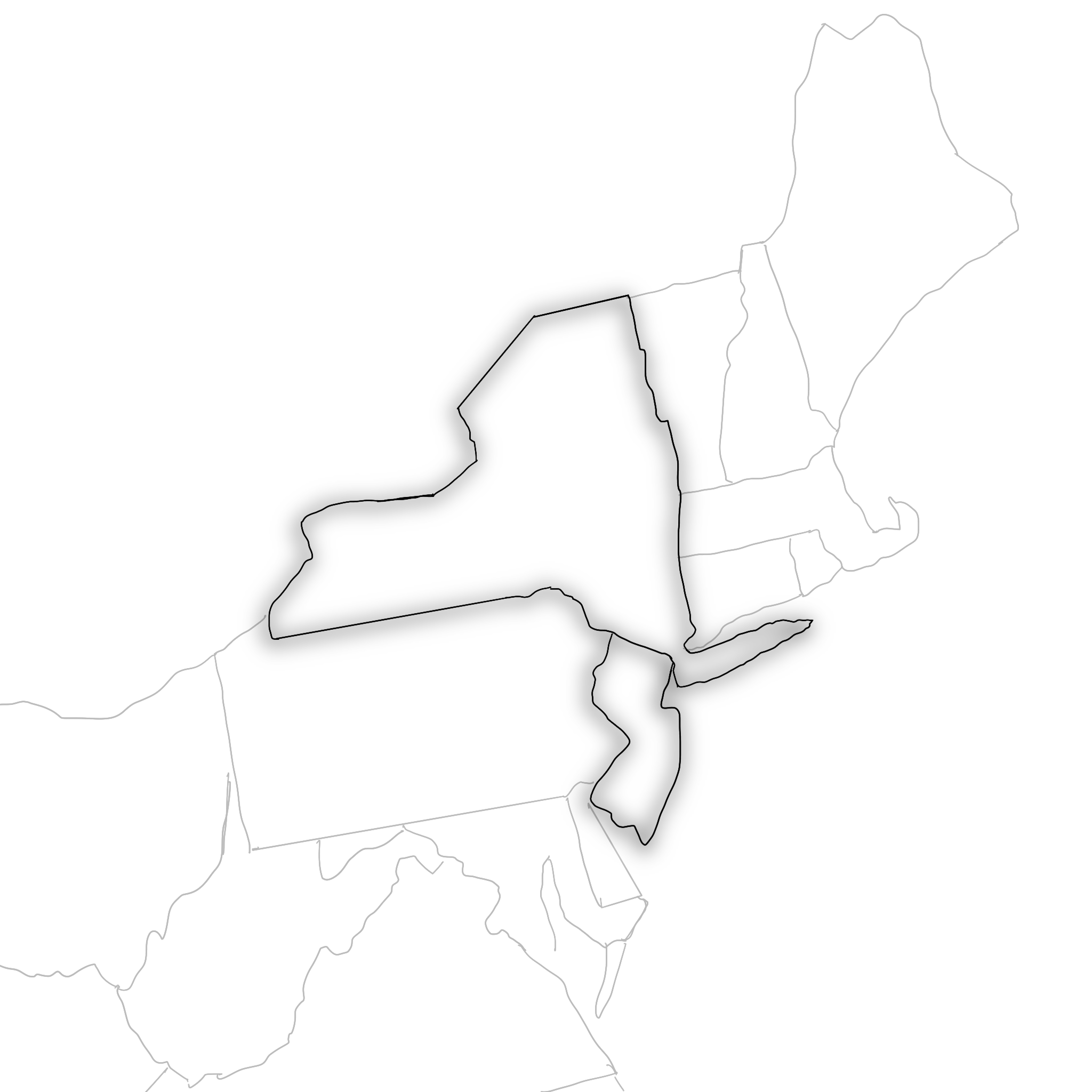 A black-and-white drawing outline of New York and New Jersey to represent the service area for Zan Morley Psychotherapy.