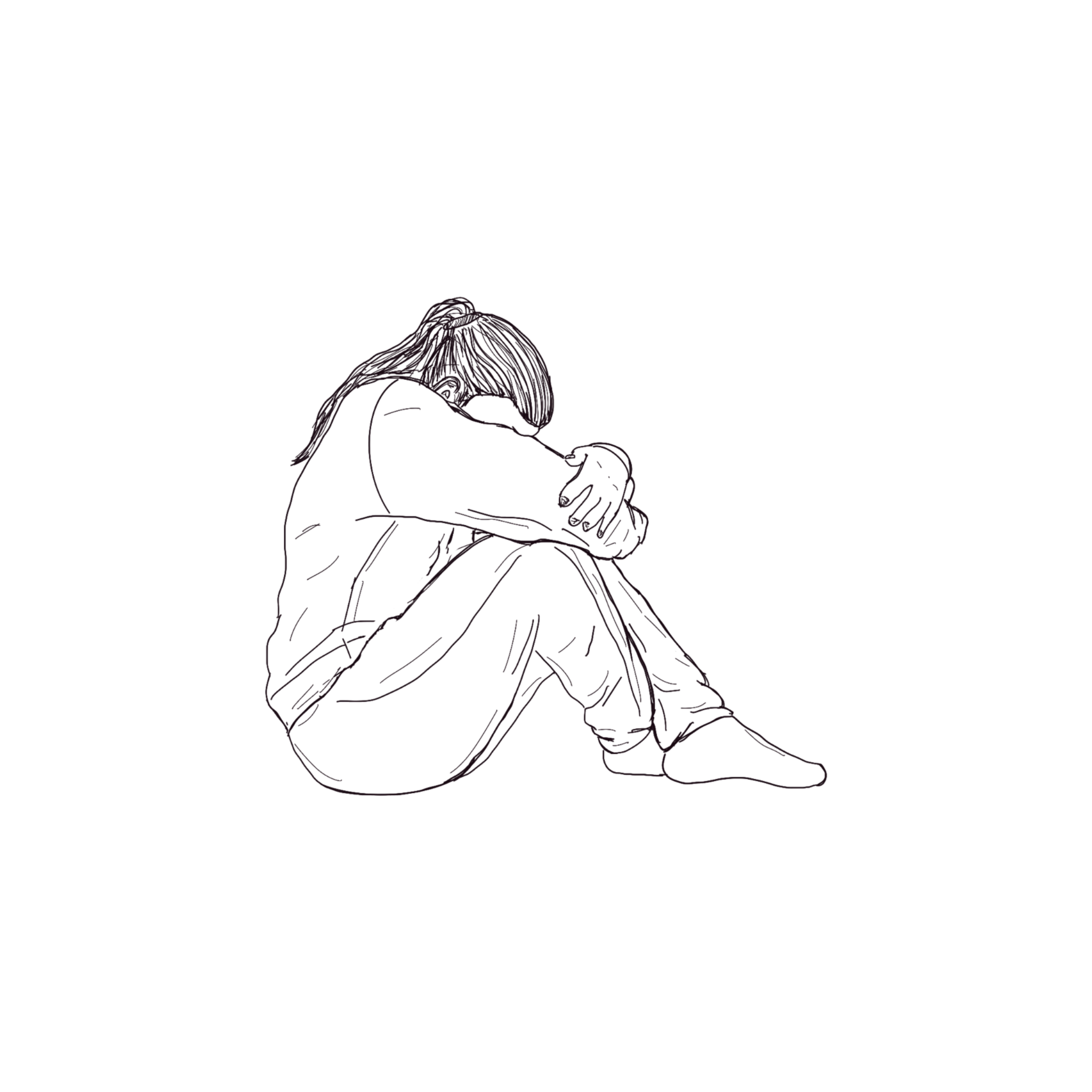 A line drawing illustration of a girl sitting on the floor with her knees up, elbows on knees, and her head buried between her arms as if she is sad.