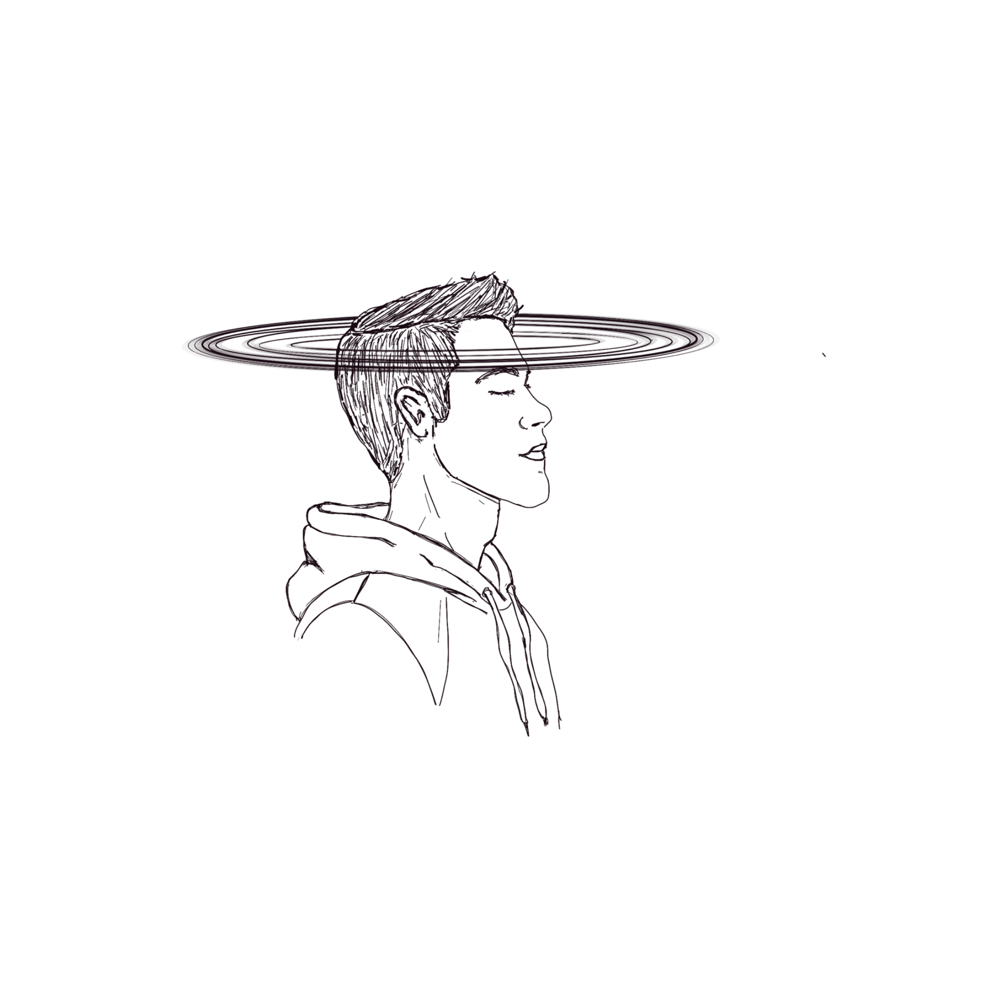 An illustration of a man with thoughts and worries orbiting around his head, in profile view, with his eyes closed as if he is in deep thought.