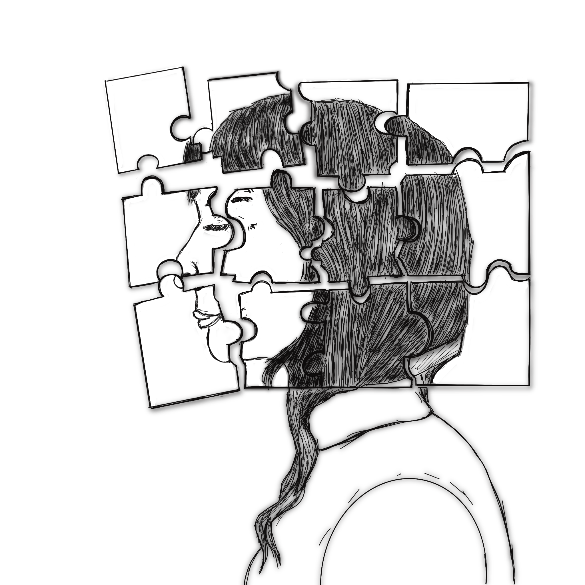 A line drawing illustration of the side profile of a woman's head and torso, broken out into puzzle pieces to signify the complexity of the brain and the importance of mental health support.