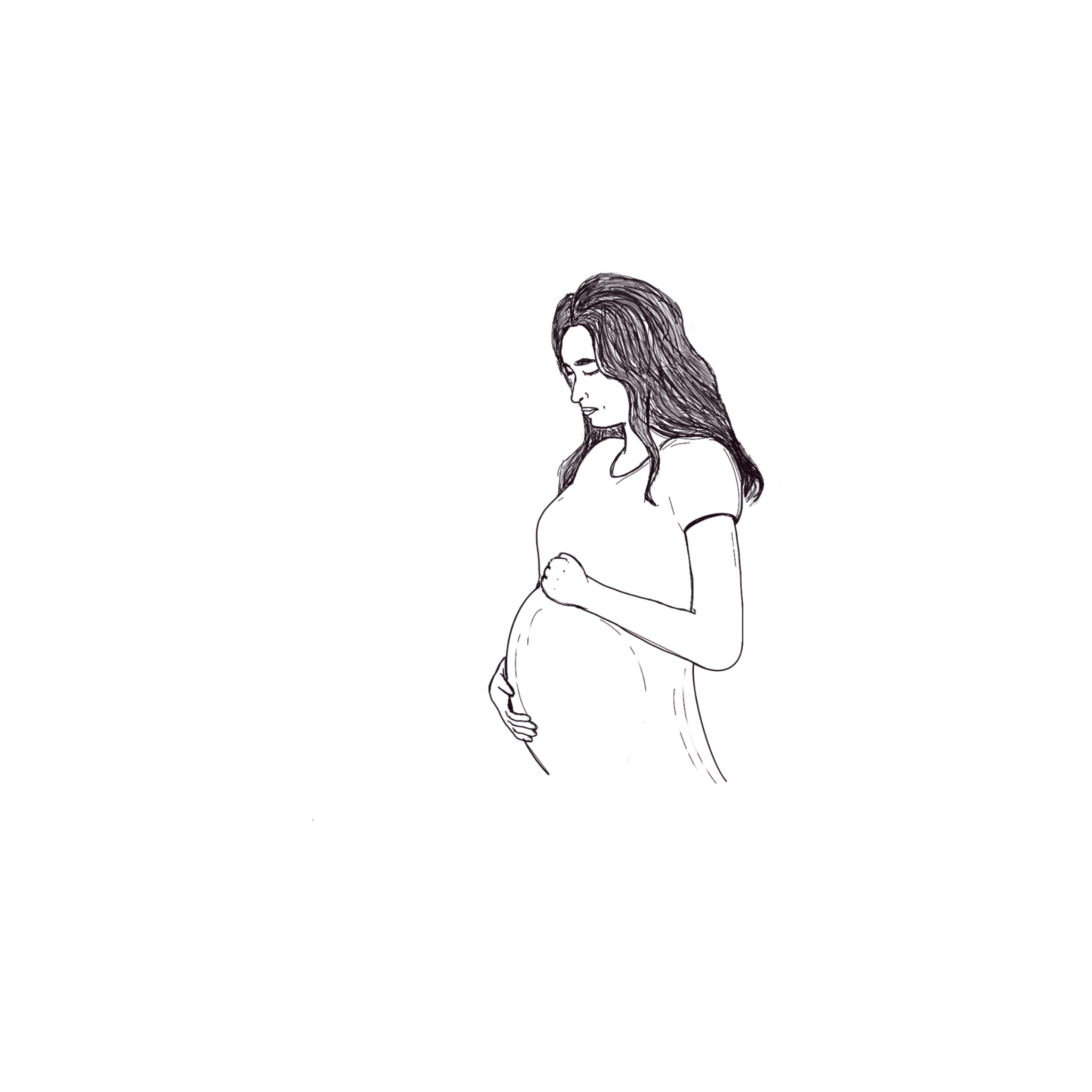 A line drawing of a pregnant woman with long hair, touching her stomach, with a plain expression as if she is imagining what is to come.