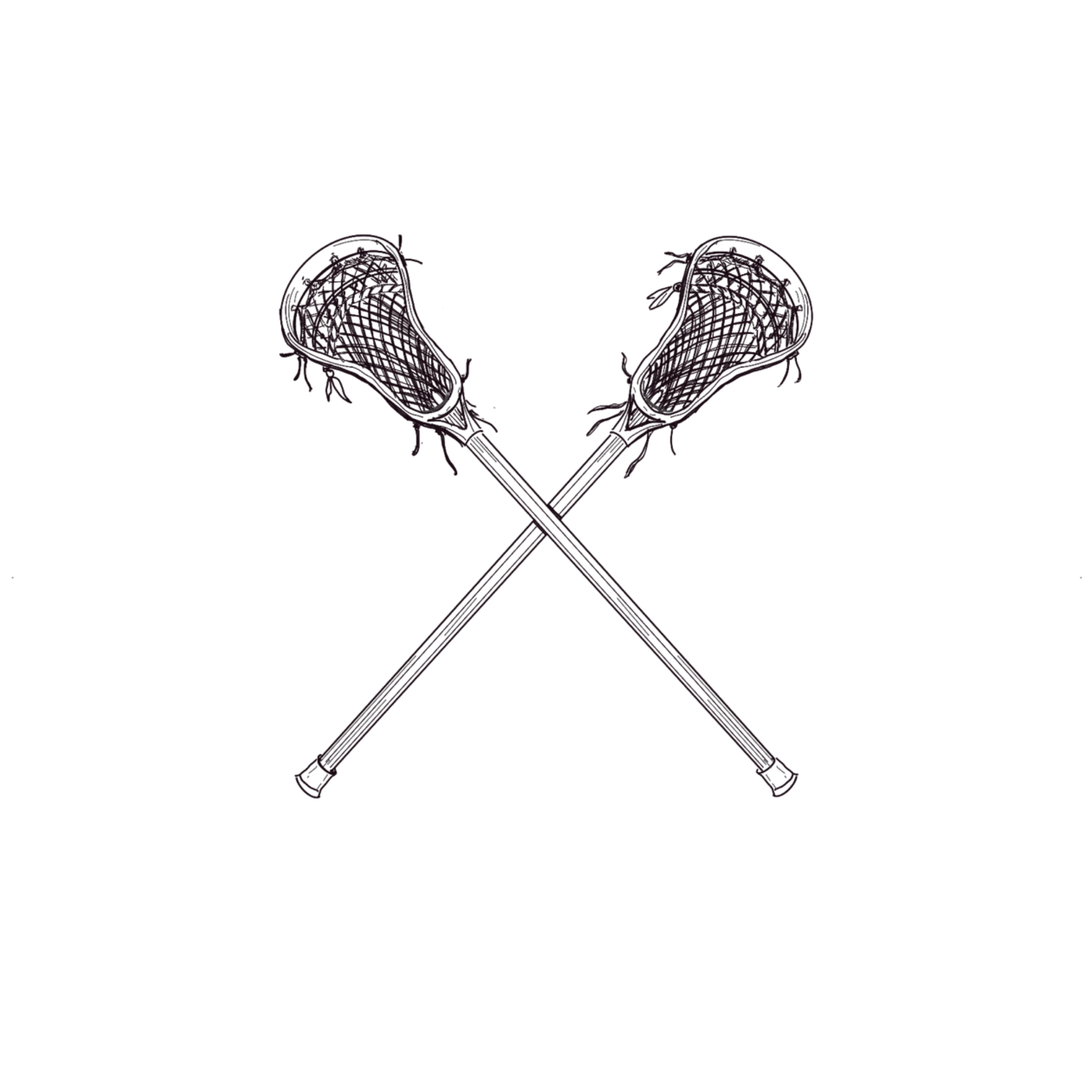 Two crossed lacrosse sticks with attached netting. The sticks are illustrated in a minimalistic style with dark outlines.