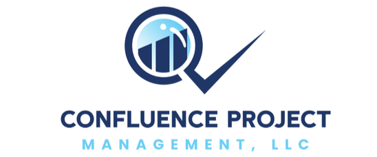 Logo for Confluence Project Management, LLC featuring a magnifying glass with bar charts and a check mark.