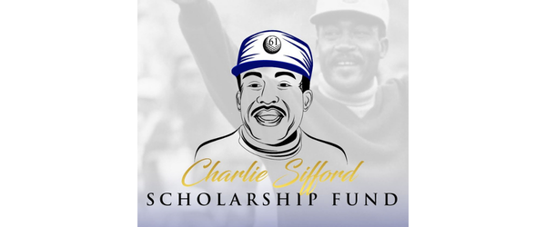 Illustration of Charlie Sifford with a smiling face, wearing a cap, and an individual in the background, promoting the Charlie Sifford Scholarship Fund.
