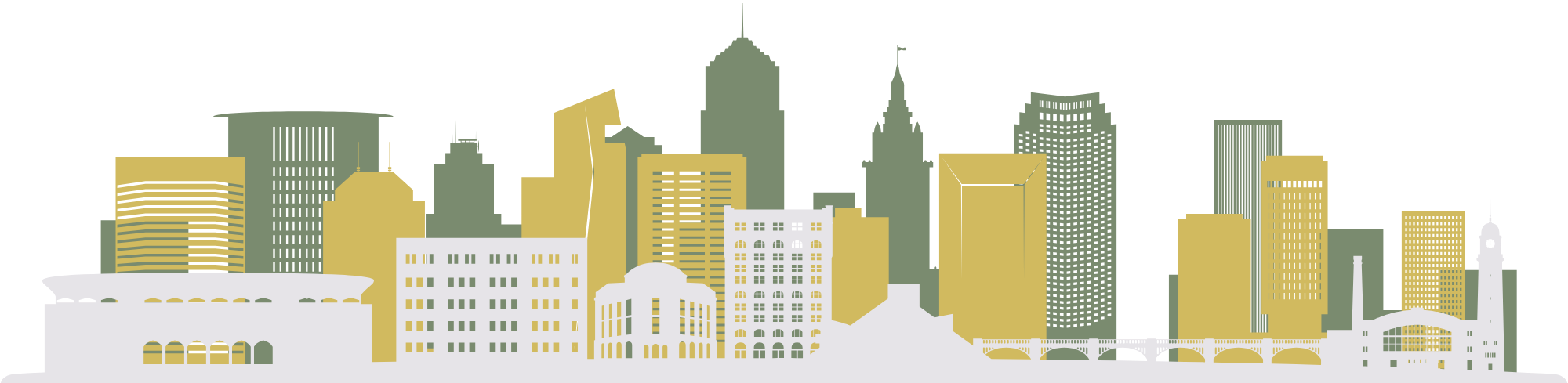 Silhouette of a city skyline with various tall buildings and a bridge, in muted green, gold, and white tones.