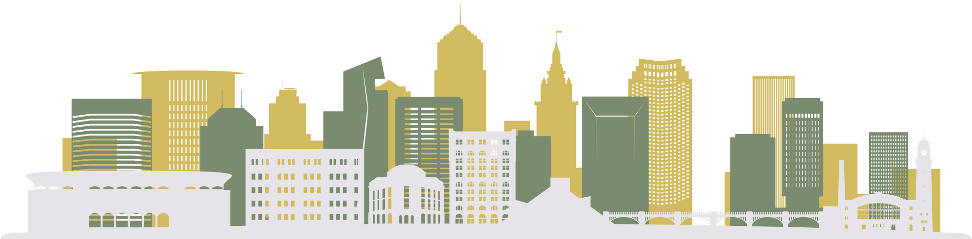 Stylized illustration of a city skyline with tall buildings of various shapes and colors, including a bridge with arches in the foreground.