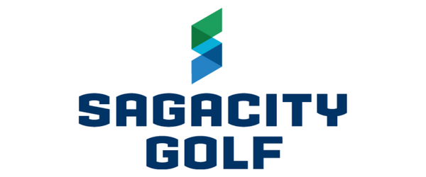 Logo for Sagacity Golf featuring a stylized green and blue geometric design above the bold blue text.