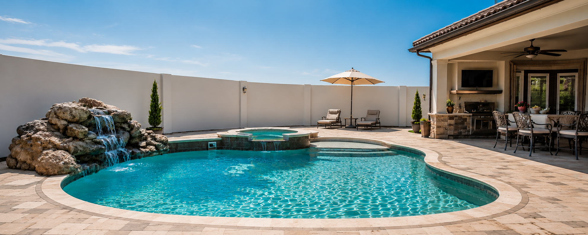 Backyard with a swimming pool, a small waterfall feature made of rocks, lounge chairs with an umbrella, a dining table with chairs, and a covered patio area.