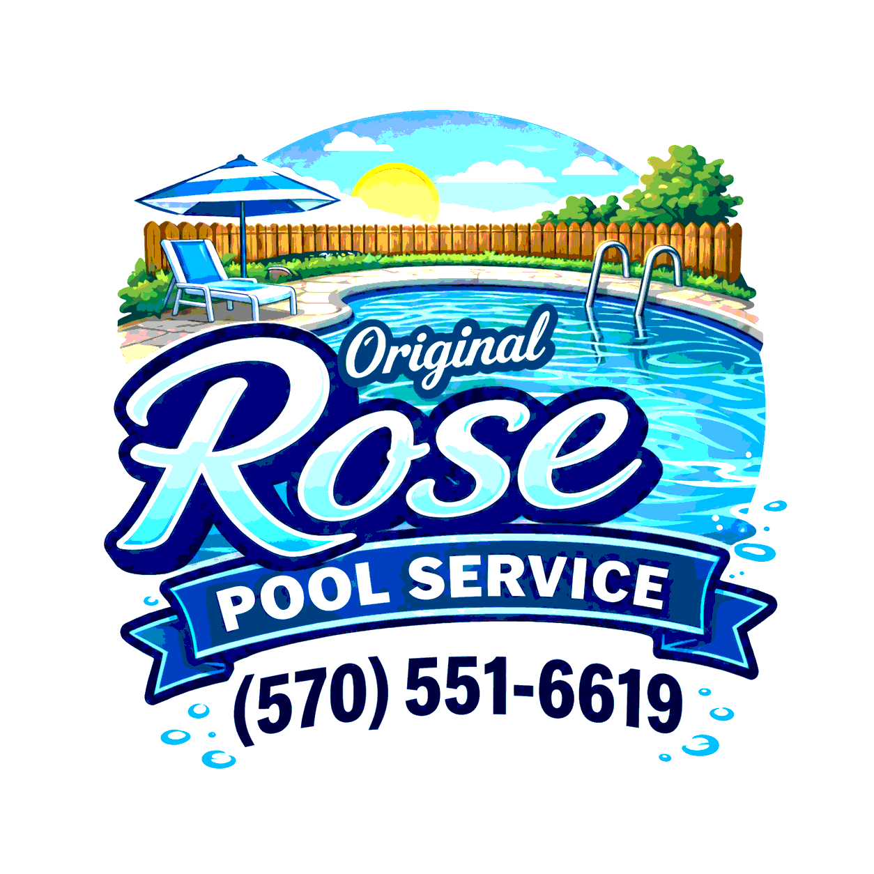 A colorful logo for Rose Pool Service featuring a swimming pool scene with a lounge chair, umbrella, and a sun setting behind a fence and trees.