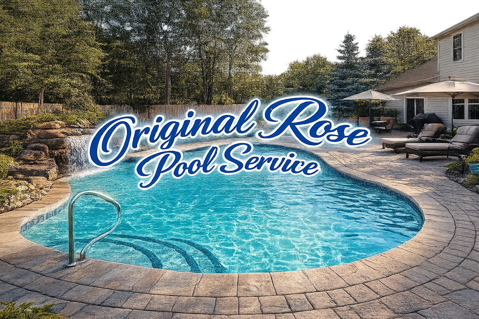 Residential backyard with a swimming pool, lounge chairs, umbrellas, and trees in the background. Text overlay reads "Original Rose Pool Service."