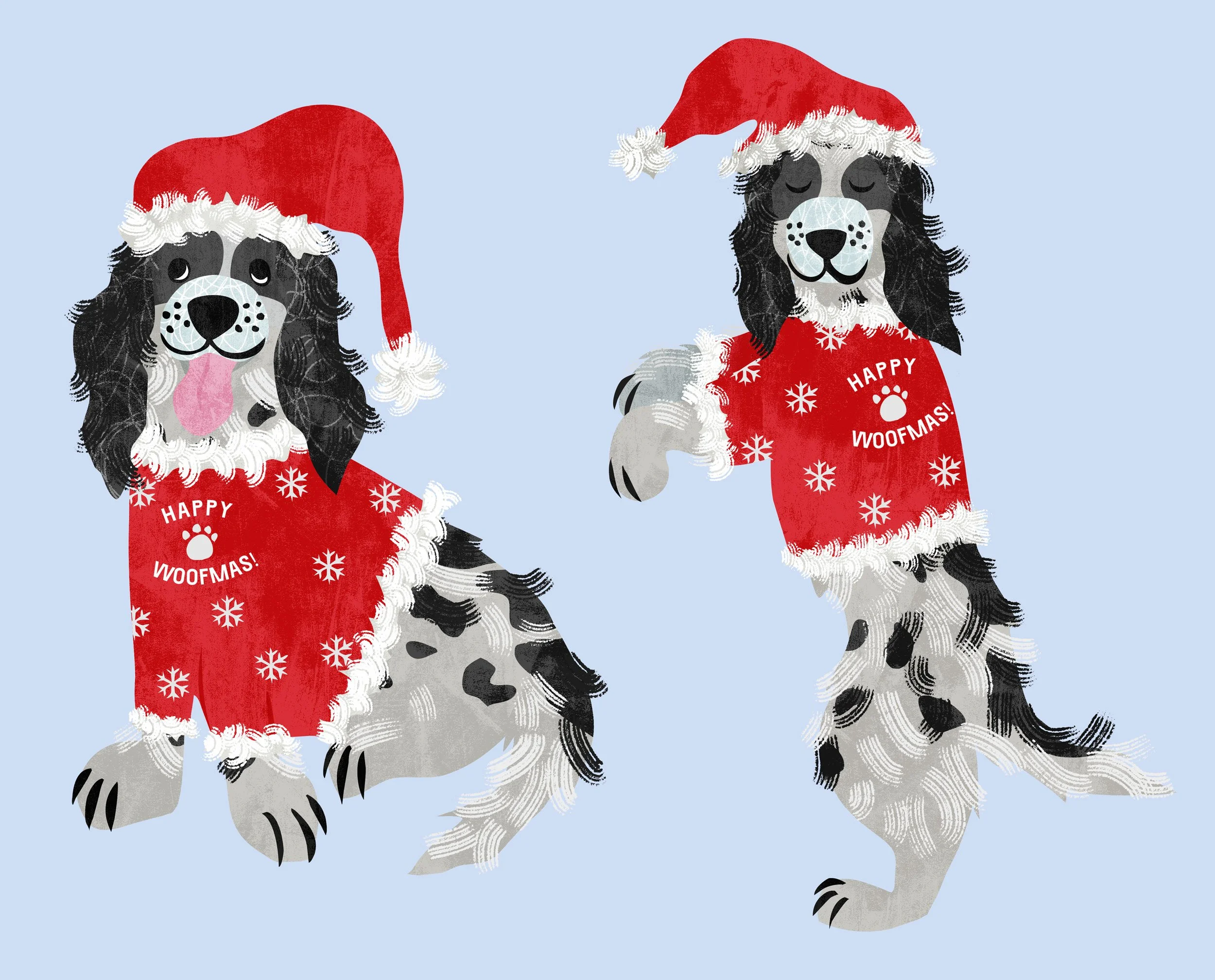 An illustration of two happy looking cocker spaniel dogs in Christmas hats and jumpers, in a textured handmade style.