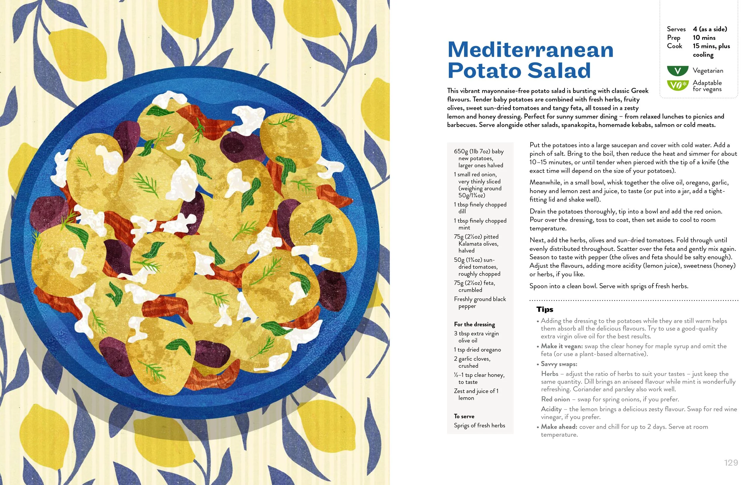 Illustration of a blue bowl filled with a Mediterranean potato salad, garnished with sprigs of herbs, sun-dried tomatoes, olives, and dollops of mayonnaise or feta cheese, set against a background with a pattern of lemons and blue leaves.