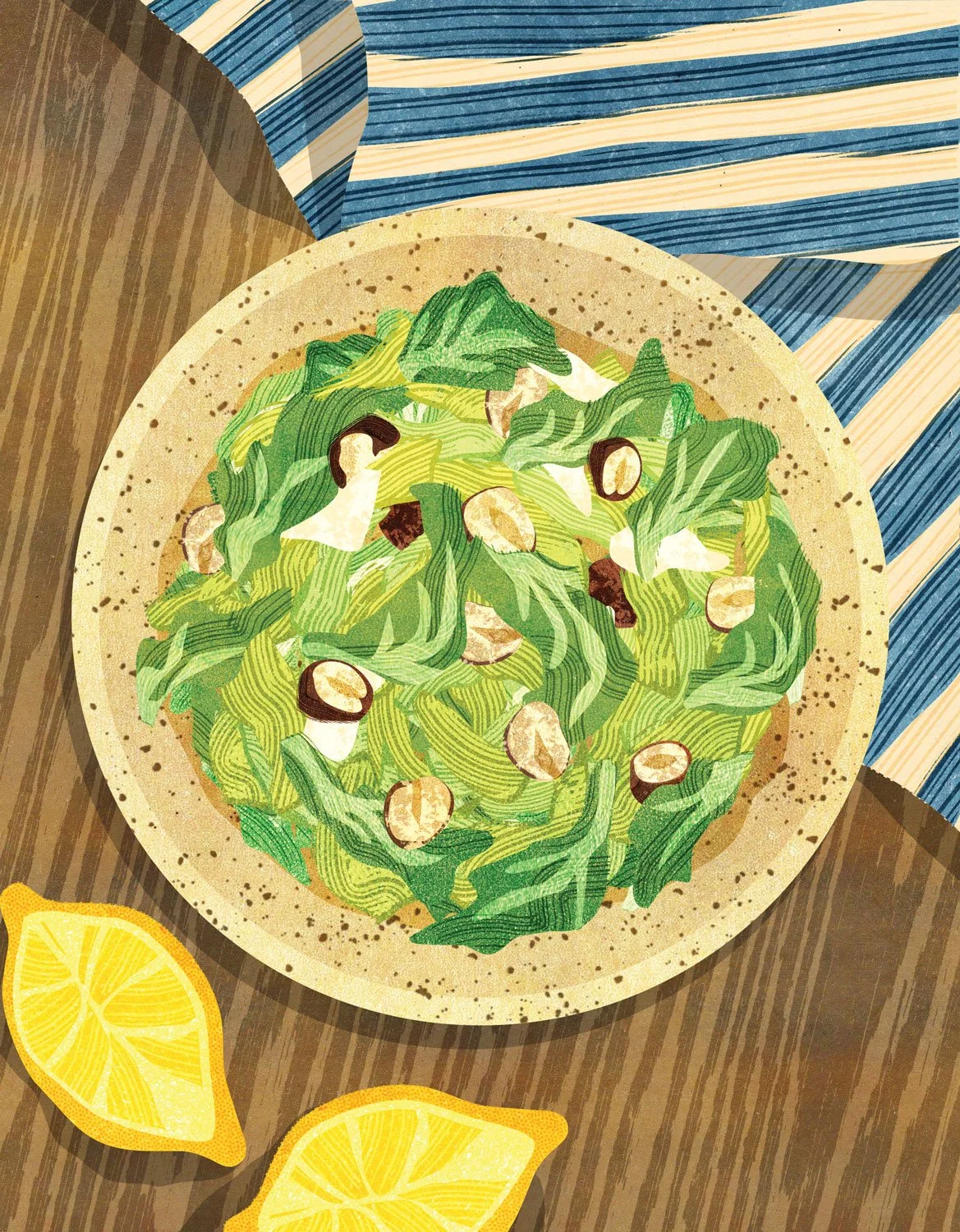 A plate of green salad with sliced mushrooms, served on a speckled beige plate, with lemon wedges on a wooden table.